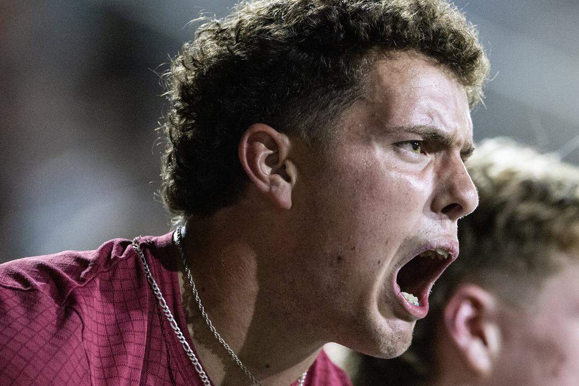 An Aledo high school fan celebrates after the team scored a touchdown in the second half of a high school football game between the Aledo Bearcats and the Denton Ryan Raiders at C.H. Collins Athletic Complex in Denton on Friday, Oct. 3, 2025. 