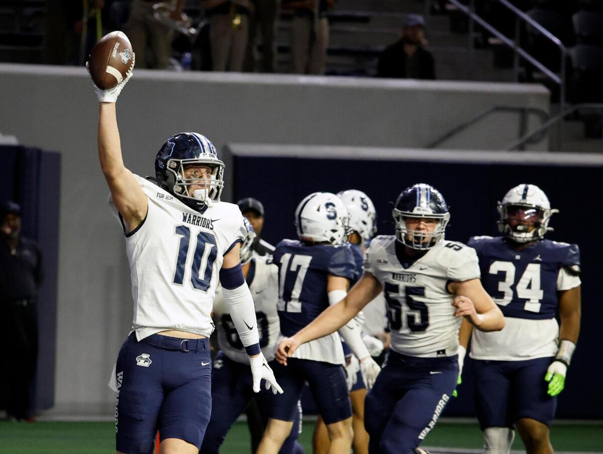 Liberty Christian wide receiver Brady Janusek (10) displays the ball after going in one yard on a fumble recovery in the first half of a TAPPS Region 2 semi-final football playoff game at The Ford Center in Frisco, Texas, Saturday, Oct. 25, 2023.