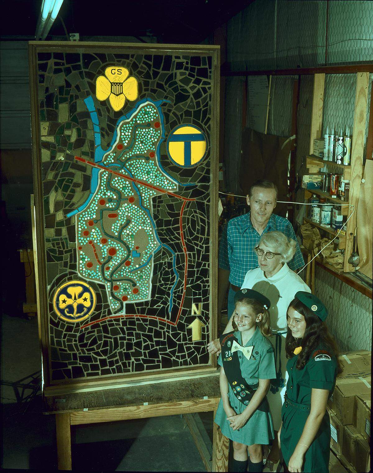 July 25, 1972: Evaline Sellors next to her stained-glass mosaic “The Green Marbles,” with Girl Scouts Kathi Vondra, left, and Kim Cameron, and Gordon Smith of the Smith Stained Glass Studios.