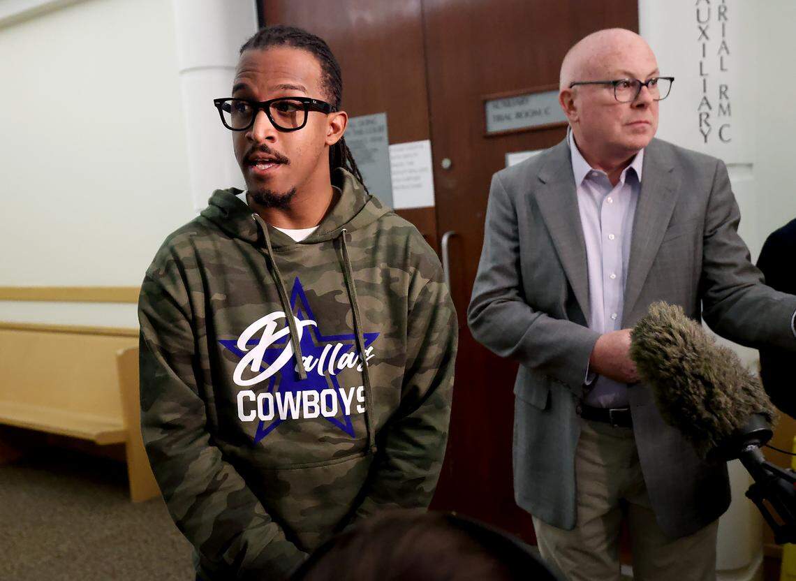 Fort Worth City Councilman Chris Nettles gives a statement to the media following the completion of Aaron Dean’s trial on Tuesday, December 20, 2022, at Tarrant County’s 396th District Court at the Tim Curry Criminal Justice Center in Fort Worth. Dean was sentenced to 11 years, 10 months and 12 days after being convicted of manslaughter in the 2019 killing of Atatiana Jefferson.
