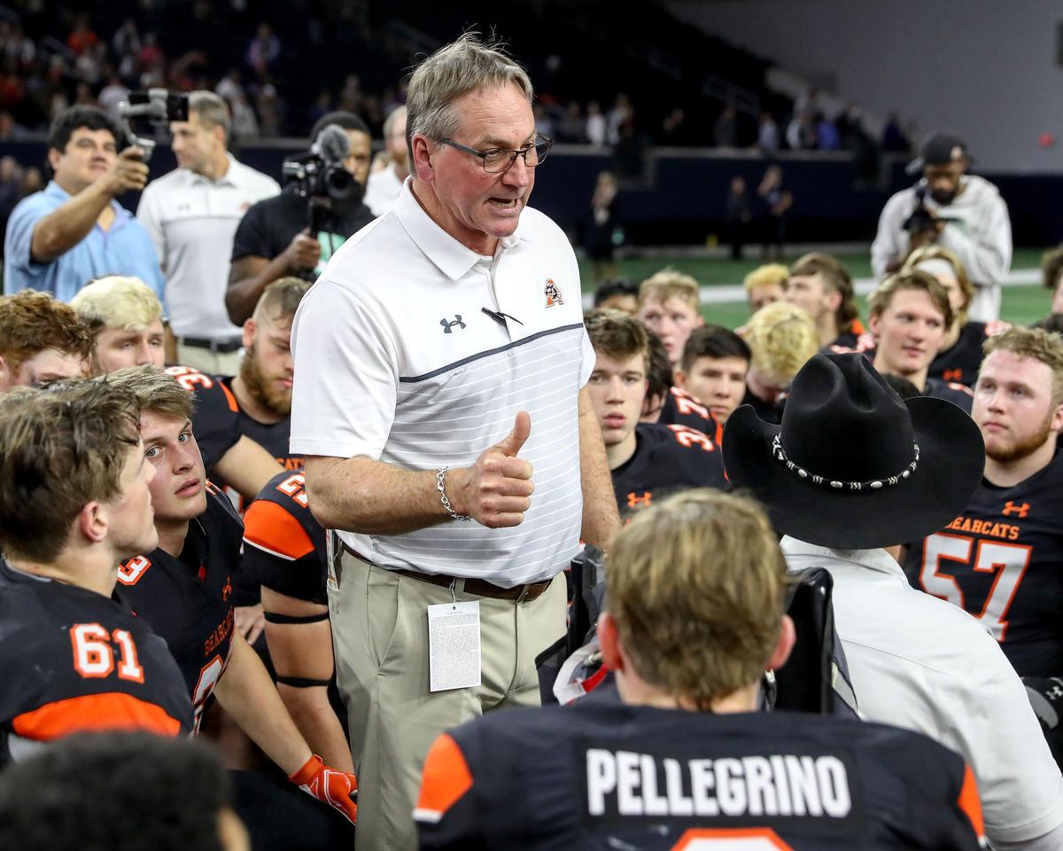 Aledo head coach Tim Buchanan talks to his team after beating Ennis, 43-36 in the 5A Division II State quarterfinal high school football playoff game played at the Ford Center in Frisco, TX Friday, December 6, 2019.