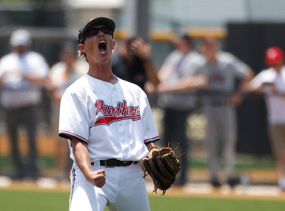 Colleyville Heritage pitcher Blake Sibley (7) reacts to defeating Aledo in the UIL baseball regional final 5A D1 playoff game at Hawk Baseball Field in North Richland Hills, Texas, Thursday, May 22, 2025.