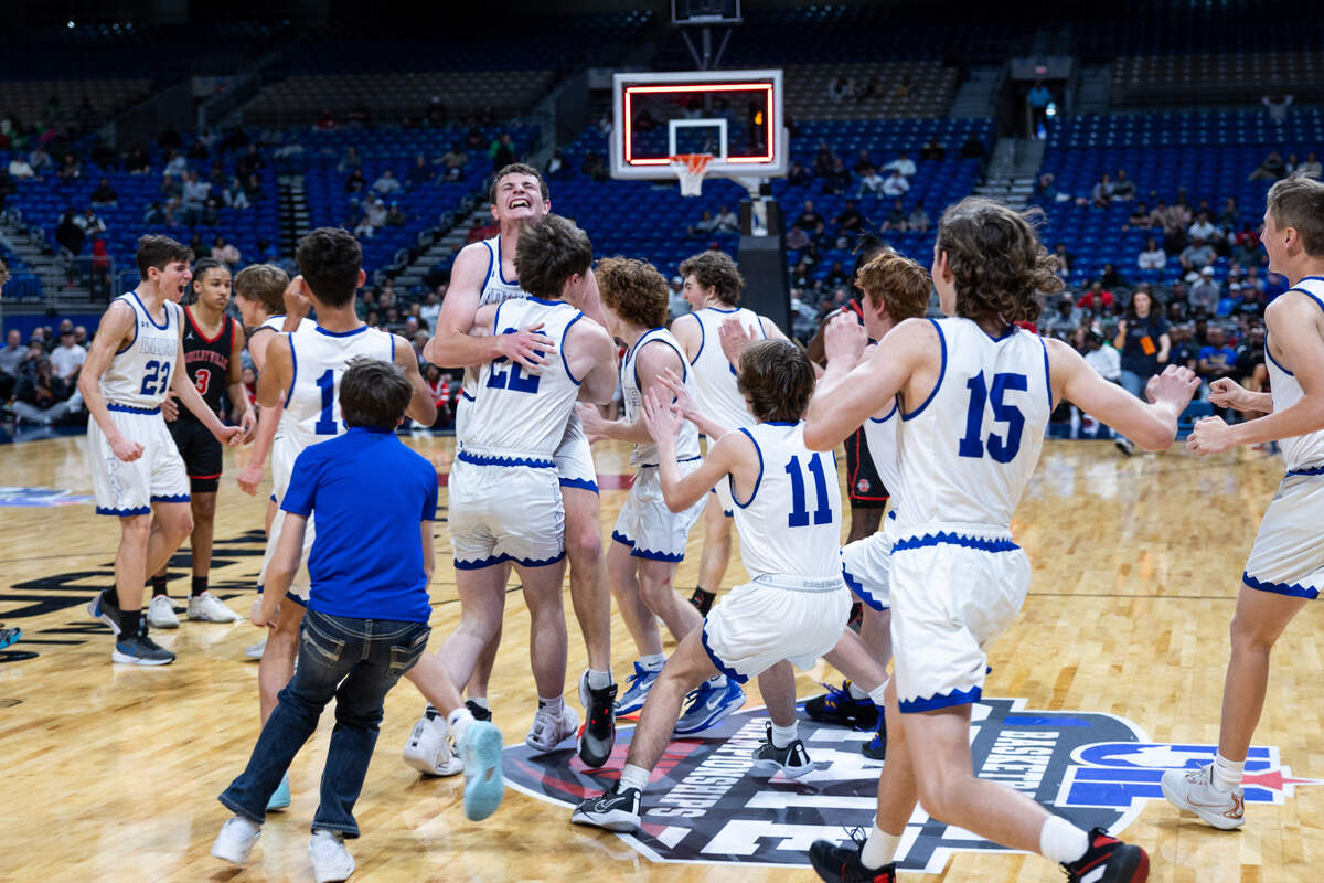 Lipan players celebrate after the final buzzer in the Class 2A state championship game on Saturday, March 9, 2024 at the Alamodome in San Antonio, Texas. Lipan defeated Shelbyville 47-36.