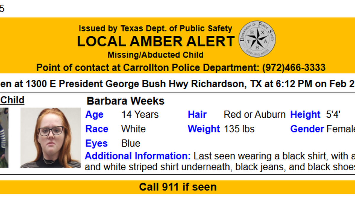 A copy of the Amber Alert issued Friday March 7, 2025, for 14-year-old Barbara Weeks.