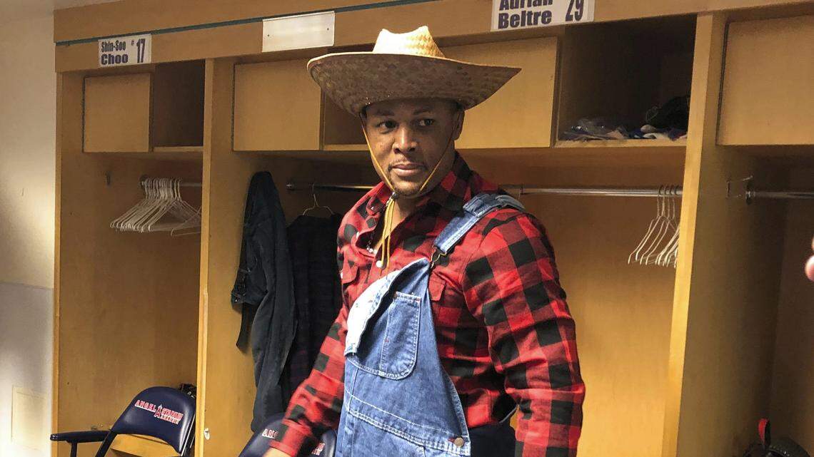 Adrian Beltre is no rookie, but Rangers players wanted to see him in costume for what could be the final rookie dress-up day of his career. So, he was the farmer to a bunch of chickens.