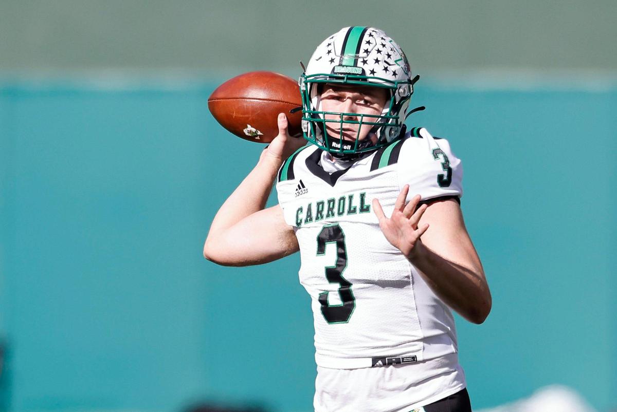 Southlake’s Quinn Ewers throws a completion down field during the 6A division 1 quarterfinals at Globe Life Park in Arlington, Texas, Saturday, Jan. 02, 2021. Southlake defeated Trinity 59-35. (Special to the Star-Telegram Bob Booth)