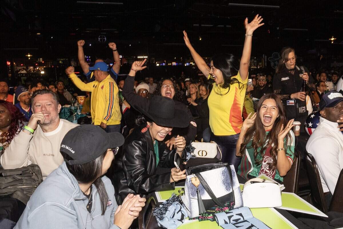 Columbia fans cheer when their country was called during the 2025 World Cup Draw Watch Party at Billy Bobs Texas in the Fort Worth Stockyards on Friday, Dec. 5, 2025.