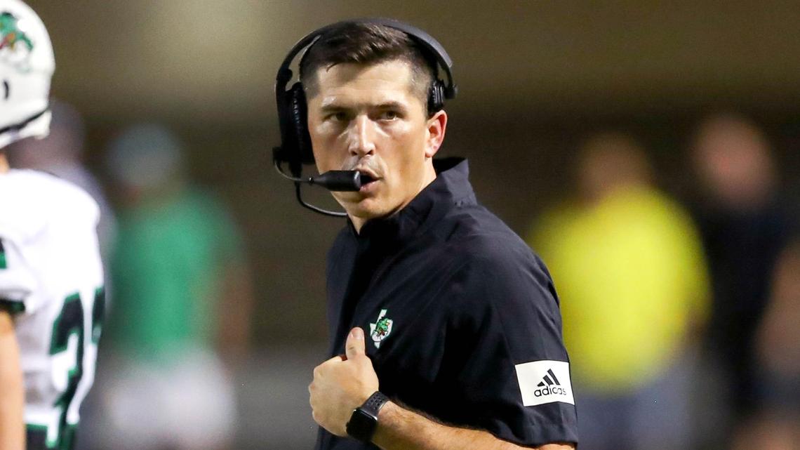 Southlake Carroll head coach Riley Dodge looks on from the sidelines during the game against Denton Guyer, Friday night, October 4, 2019 played at C.H. Collins Complex Stadium in Denton, TX.