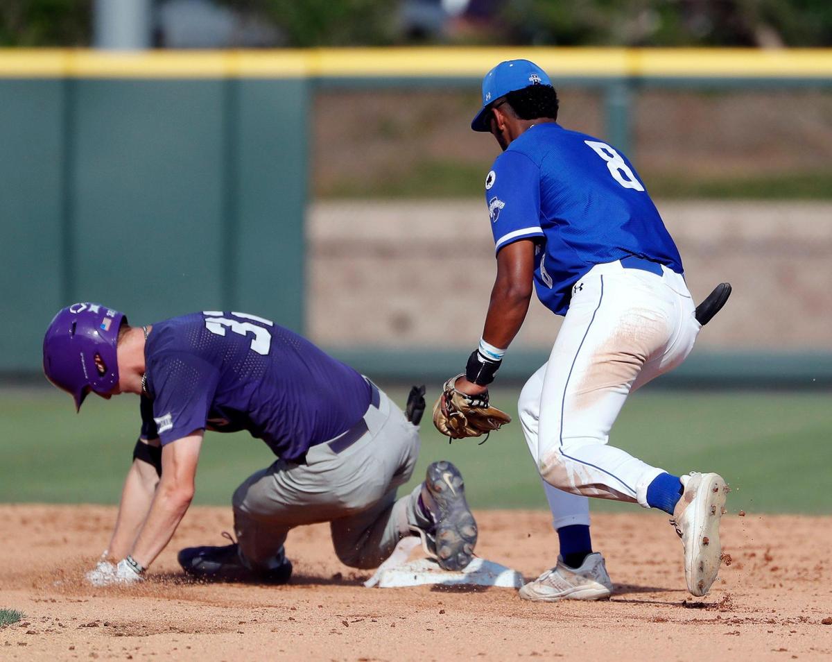 Indiana State short stop Randal Diaz (8) gets TCU first baseman Cole Fontenelle (32) at second in game one of the NCAA Super Regional between TCU and Indiana State at Lupton Stadium in Fort Worth, Texas, Friday June 09, 2023. TCU defeated Indiana State 4-1. (Special to the Star-Telegram Bob Booth)