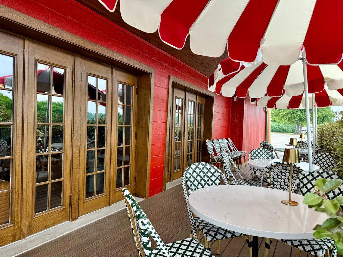 The shaded patio Stewart’s Croquet & Cocktail Club, seen May 17, 2025.