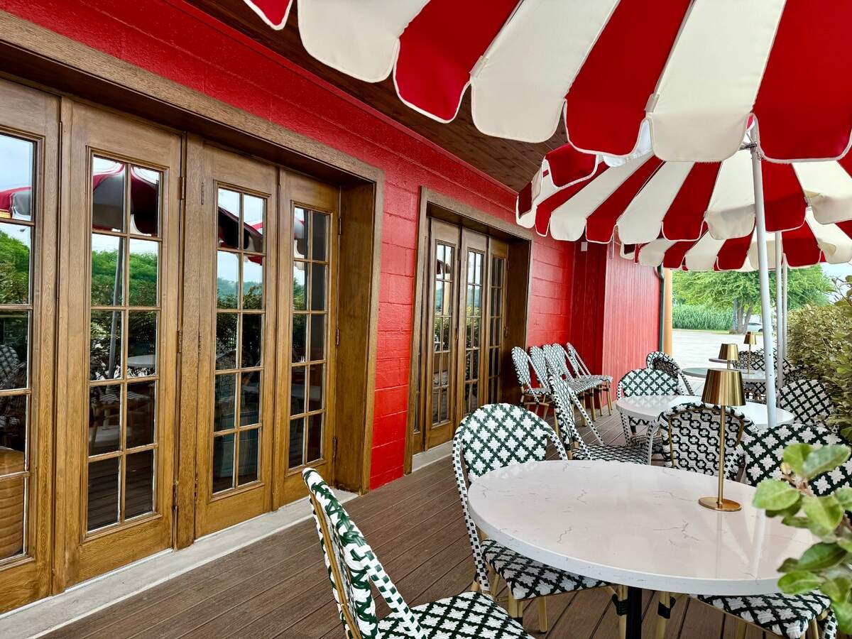 The shaded patio Stewart’s Croquet & Cocktail Club, seen May 17, 2025.