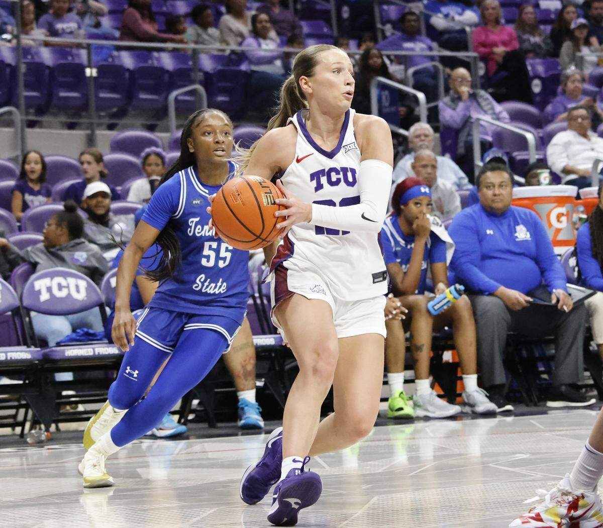 TCU guard Maddie Scherr (22) passes out to the top of the key during the second quarter of a NCAA women's basketball game between Tennessee State and TCU at Schollmaier Arena in Fort Worth, Texas, Wednesday Nov. 12, 2025.