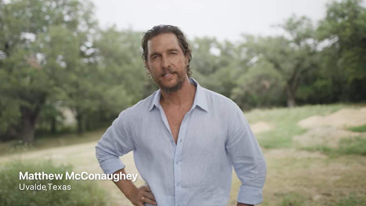 Actor Matthew McConaughey with his name and place of birth, Uvalde, Texas, in the bottom left corner.