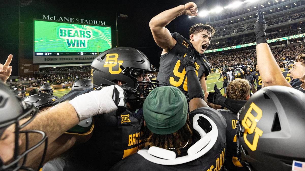 Baylor kicker Isaiah Hankins (98) celebrates with his teammates after kicking the game winning field goal to defeat TCU 37-34 in an NCAA football game at McLane Stadium in Waco on Saturday, Nov. 2, 2024.
