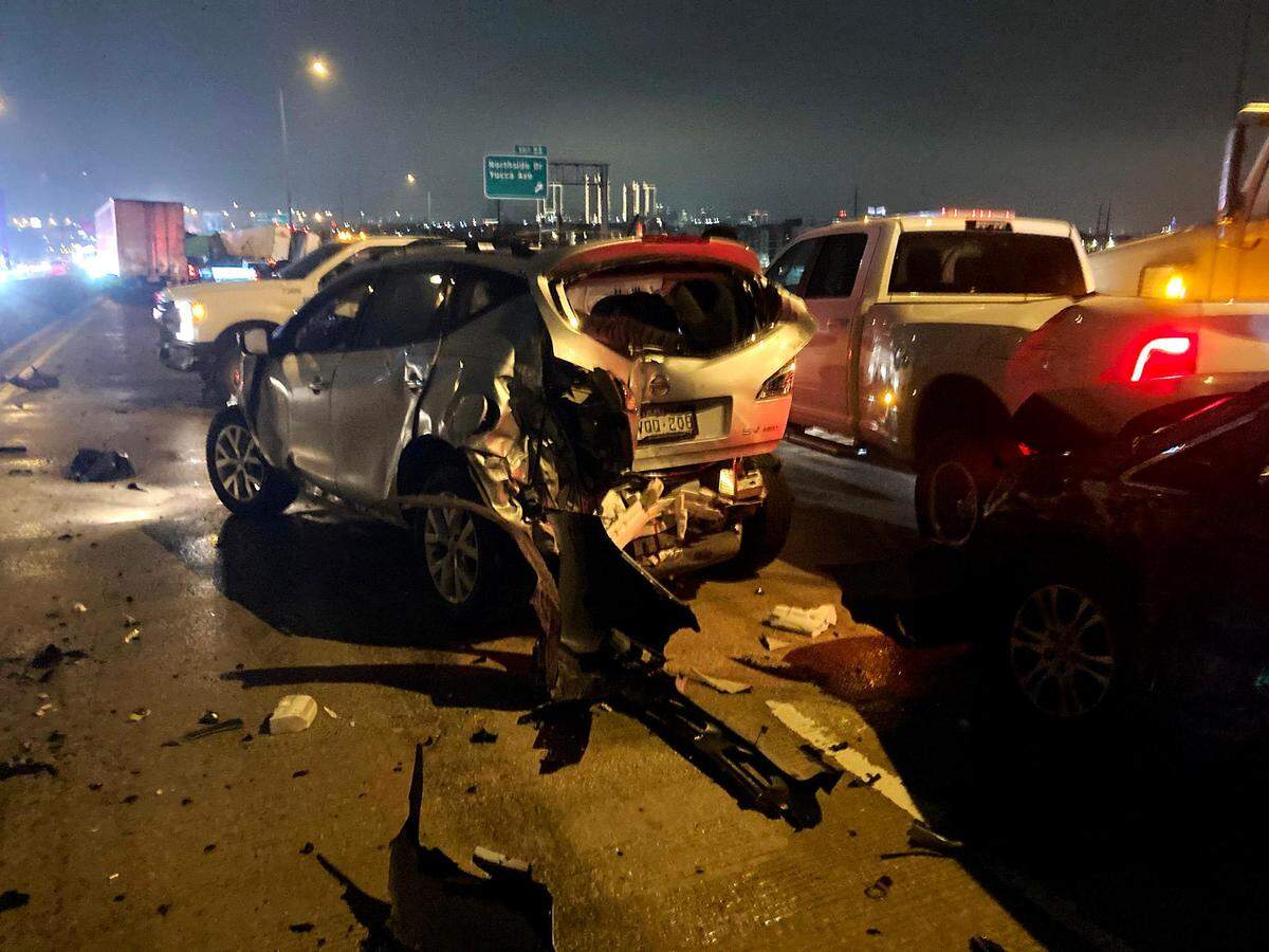 A photograph taken by David Garcia shows the crushed vehicles around him following the deadly pileup on the expressway of I-35W on February 11, 2021.