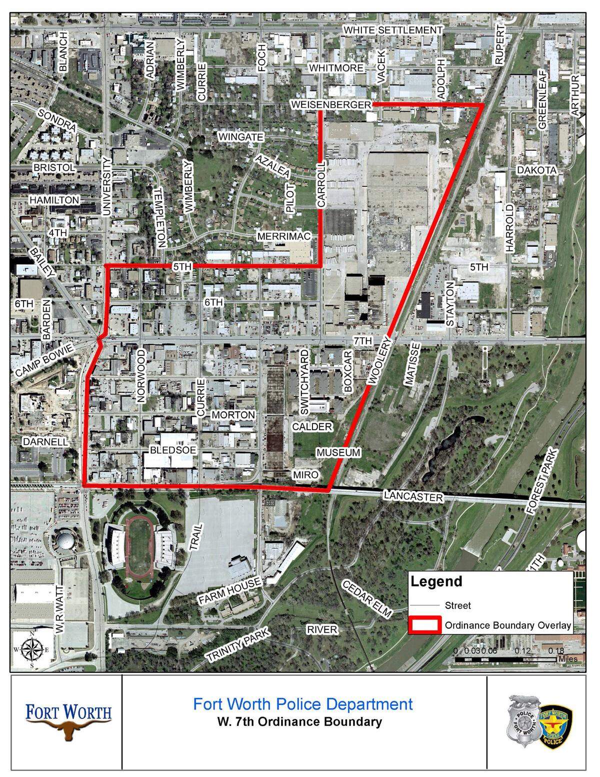 The red lines on this map show the boundaries of the area in the West Seventh Street entertainment district where open containers of alcohol will no longer be legal in public spaces as of Nov. 18.
