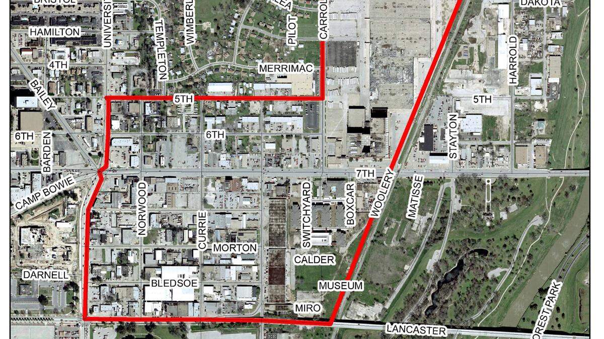 The red lines on this map show the boundaries of the area in the West Seventh Street entertainment district where open containers of alcohol will no longer be legal in public spaces as of Nov. 18.