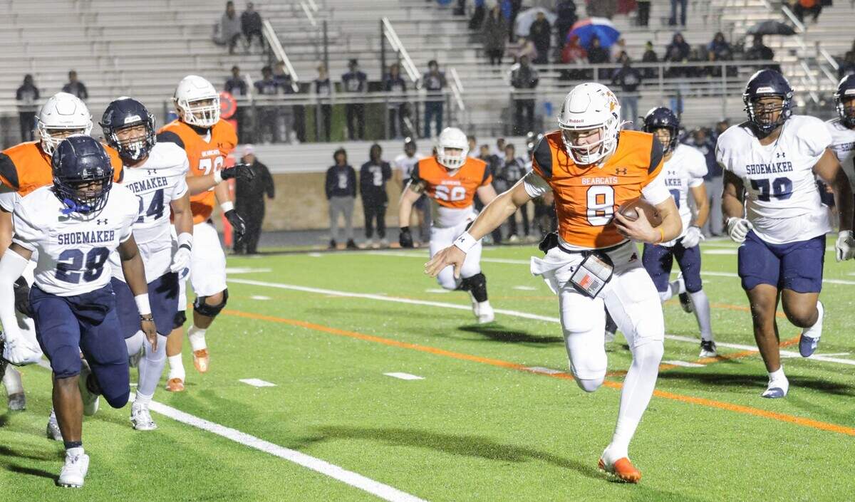 Aledo quarterback and TCU commit Hauss Hejny scores on a 12-yard run late in the third quarter against Killeen Shoemaker in a Class 5A Division 1 bi-district game on Thursday, November 9, 2023 at Buchanan Stadium in Aledo, Texas.