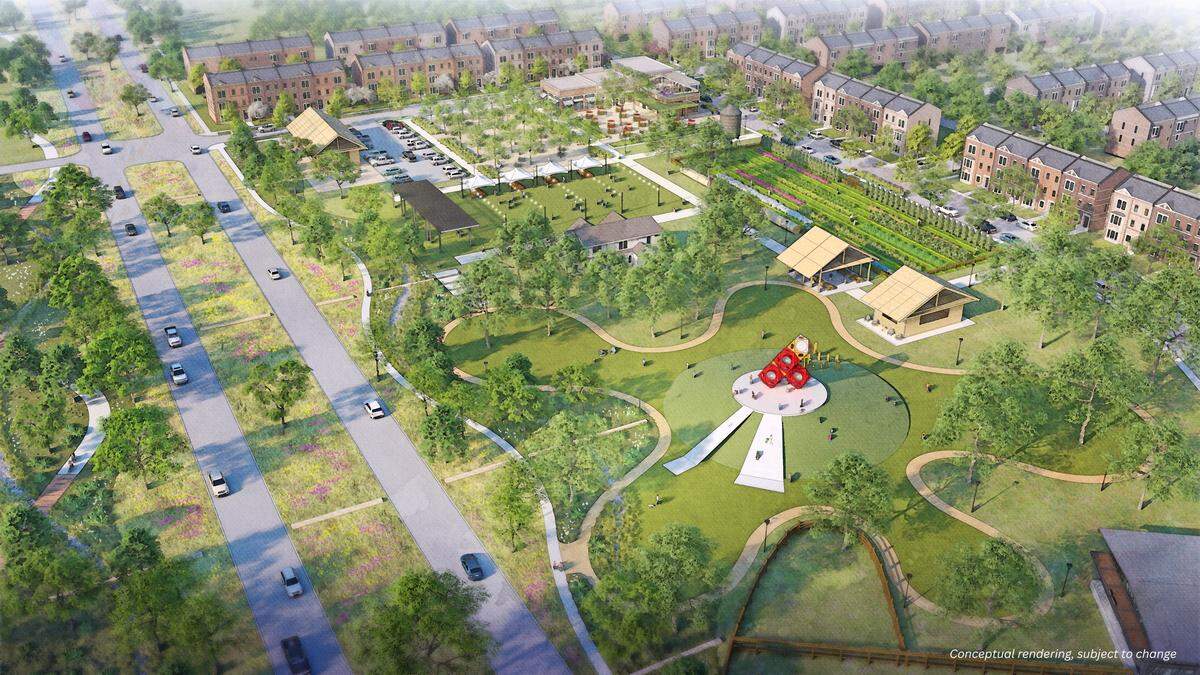 A rendering of the community “hub” at Goodland, a 5,000-acre master planned community on the southern edge of Grand Prairie.