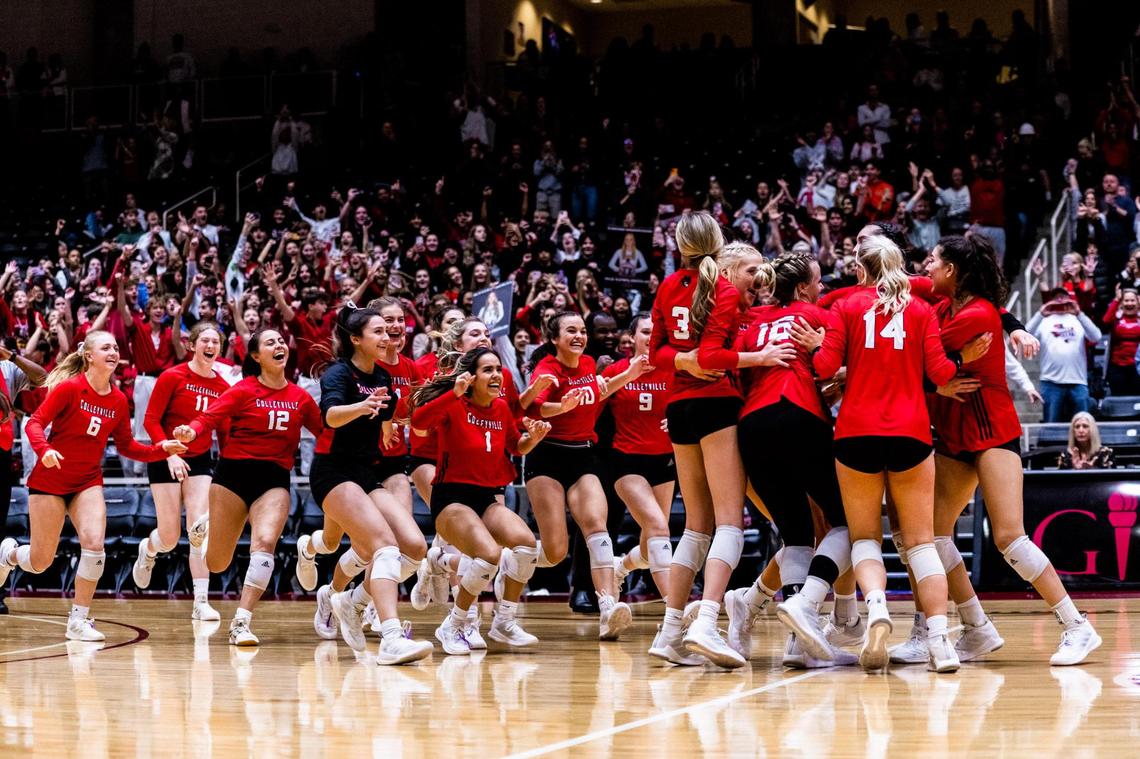 The Panthers celebrate defeating Montgomery Lake Creek in the 5A state semifinal at the Curtis Culwell Center in Garland on November 18th, 2022.