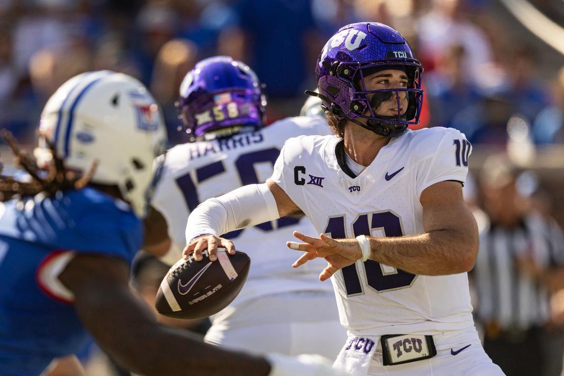 TCU quarterback Josh Hoover (10) prepares to pass the ball in the first quarter of a non-conference game between TCU and SMU at Gerald J. Ford Stadium in Dallas on Saturday, Sept. 21, 2024.