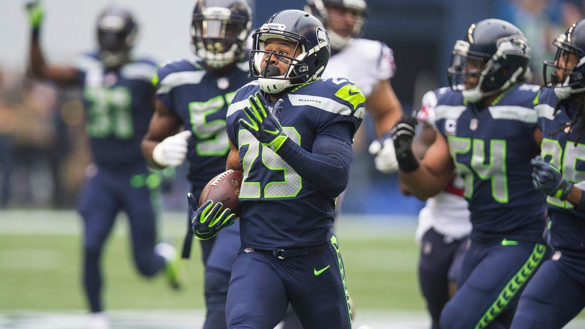 Seattle Seahawks free safety Earl Thomas intercepts a pass from Houston Texans quarterback Deshaun Watson and runs it back for a first-quarter touchdown on Oct. 29, 2017, at CenturyLink Field in Seattle.