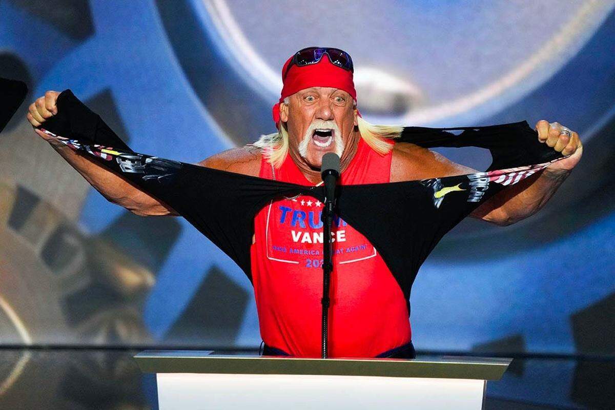 Hulk Hogan, professional entertainer and wrestler, speaks during the final day of the Republican National Convention at the Fiserv Forum. The final day of the RNC featured a keynote address by Republican presidential nominee Donald Trump.