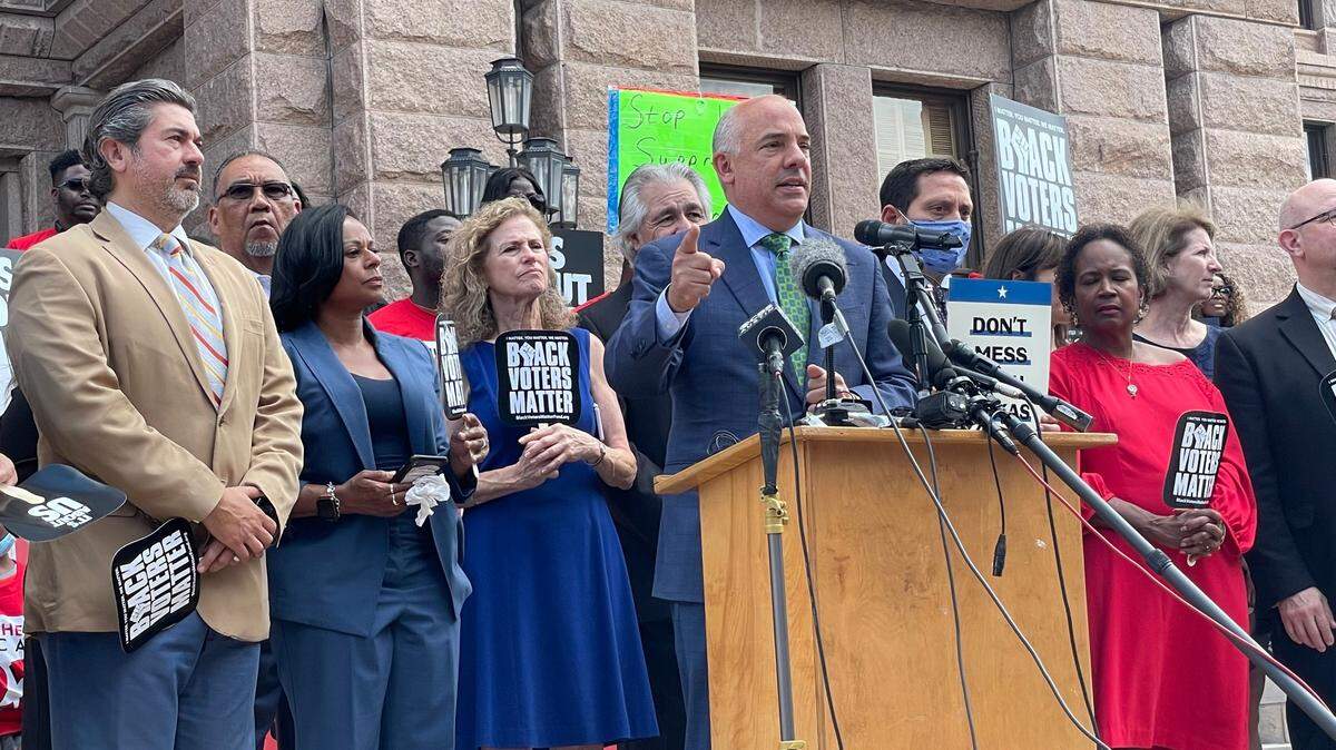 Rep. Chris Turner, D-Grand Prairie, and other House Democrats spoke outside the Texas Capitol Thursday, the first day of the special session of the Texas legislature.