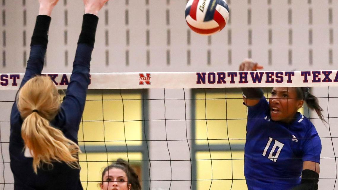 Byron Nelson’s Charitie Luper (10) gets a kill against Flower Mound during the fourth set, Tuesday night, November 12, 2019 in the Region 1 Regional Quarterfinal Playoffs at Northwest High School in Justin, TX.