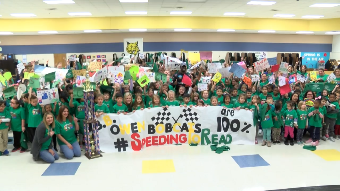 Watch as NASCAR’s Jesse Iwuji returns home to visit kids at B.B. Owen Elementary