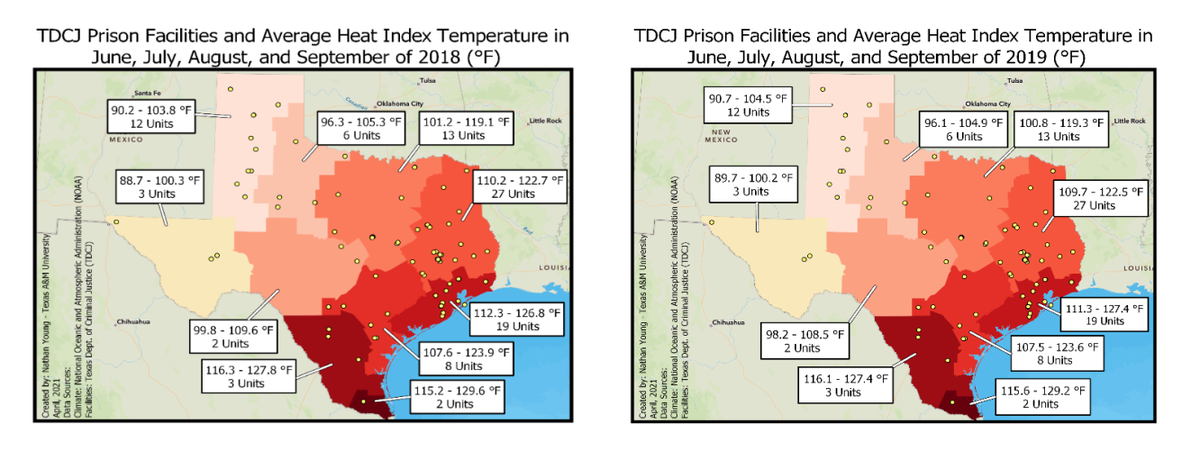 Without air conditioning, temperatures at Texas facilities reached as high as 129.6 degrees.