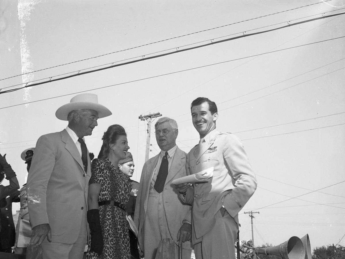 Sept. 9, 1943: War bond loan drive. William Boyd, left; his wife Grace Bradley; Mayor B.R. Wall of Grapevine; and Capt. E.J. Wynn, Boston Marine flier. This is a scene at Grapevine Thursday afternoon in one of a series of rallies staged to open the Third War Loan drive.