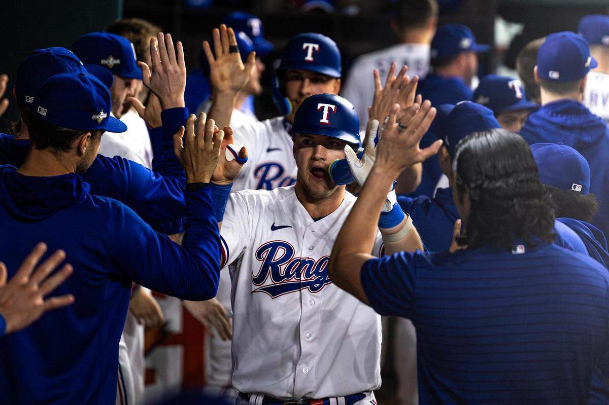 Rangers infielder Josh Jung (6) celebrates after hitting his second home run of the game in the seventh inning of Game 3 of the ALCS between the Texas Rangers and the Houston Astros at Globe Life Field in Arlington on Wednesday, Oct. 18, 2023. The Astros defeated the Rangers 8-5.