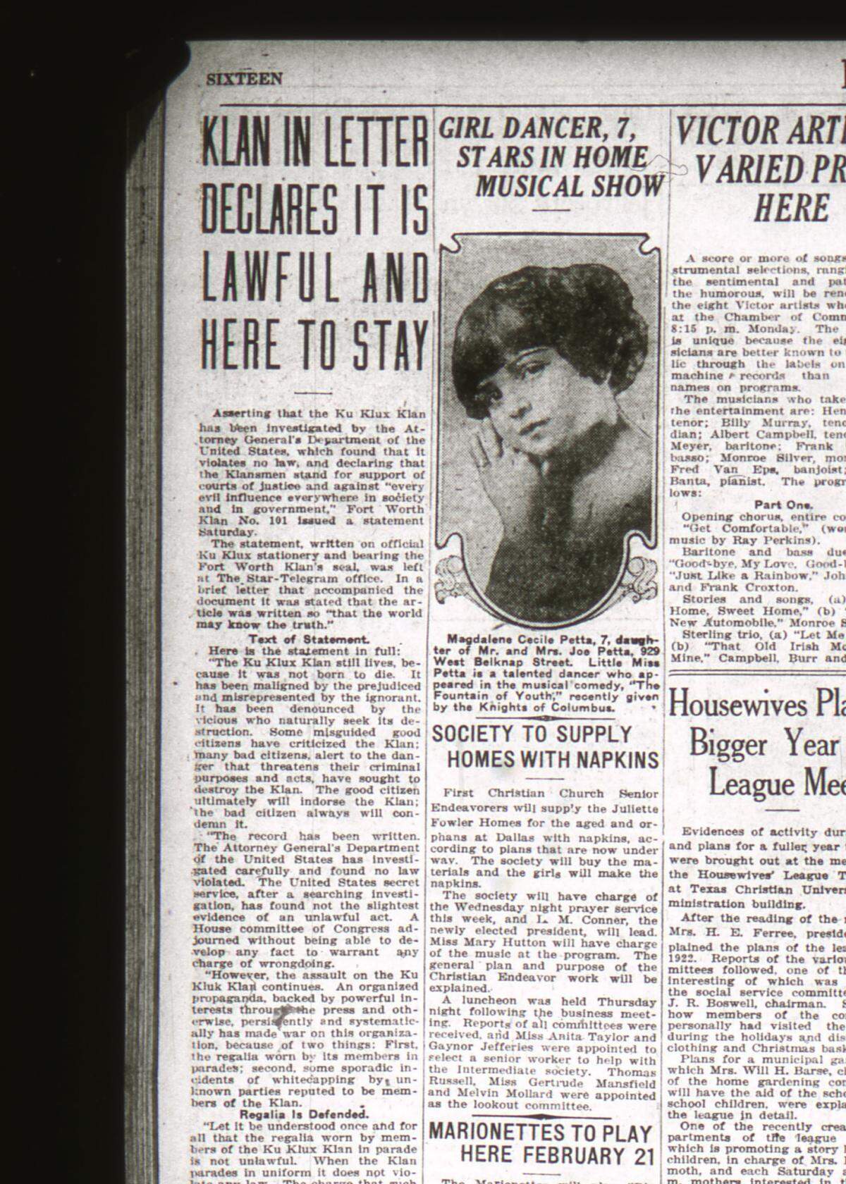 A portion of a page from the January 8, 1922 edition of the Fort Worth Star-Telegram, featuring a headine about the Ku Klux Klan in Fort Worth and Tarrant county. (Star-Telegram archives)