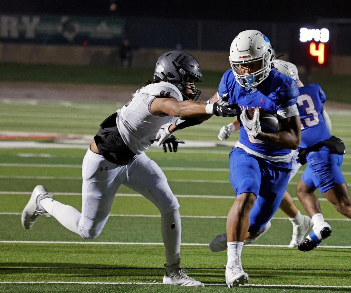 Allen wide receiver Quinton House-Hammonds (5) heads in for a touchdown in the first half of a UIL Conference 6A Division 1 area round football playoff game at Dragon Stadium in Southlake Texas, Friday, Nov. 17, 2023.