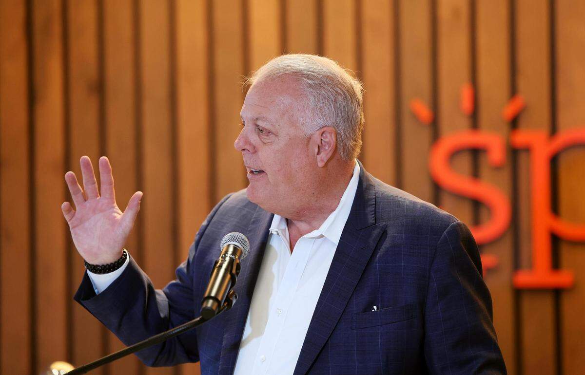 Arlington Mayor Jim Ross speaks during the opening of Spark Arlington, a collaborative workspace located in Choctaw Stadium, on Monday, February 13, 2023, in Arlington.