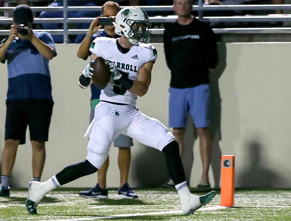 Southlake Carroll wide receiver Wills Meyer (5) comes up with a touchdown reception against Denton Guyer during the first half, Friday night, October 4, 2019 played at C.H. Collins Complex Stadium in Denton, TX.