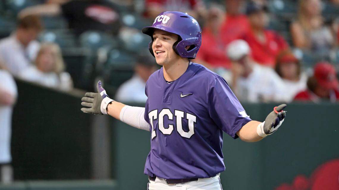 TCU batter Brayden Taylor celebrates after hitting a home run against Arizona during an NCAA baseball game on June 2 in Fayetteville, Ark. Taylor could be the difference in the Super Regionals vs. Indiana State.