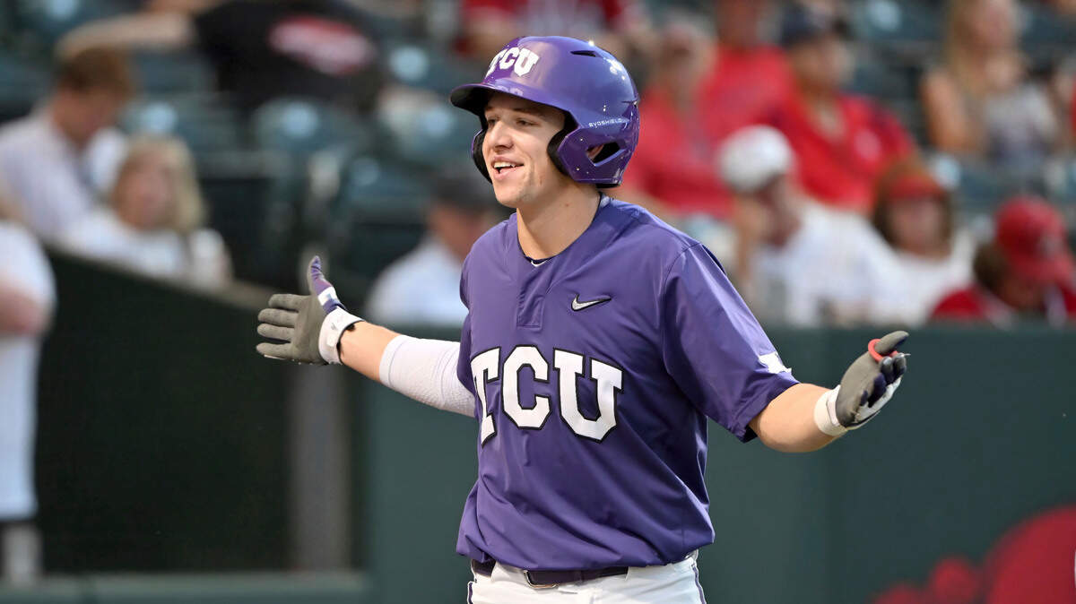TCU batter Brayden Taylor celebrates after hitting a home run against Arizona during an NCAA baseball game on June 2 in Fayetteville, Ark. Taylor could be the difference in the Super Regionals vs. Indiana State.