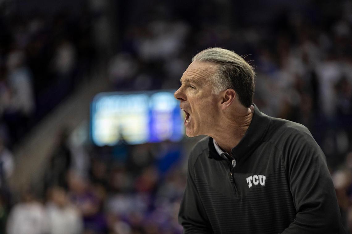 TCU head coach Jamie Dixon yells from the headlines during their game against Baylor on Saturday Feb. 11, 2023 at Schollmaier Arena in Fort Worth.