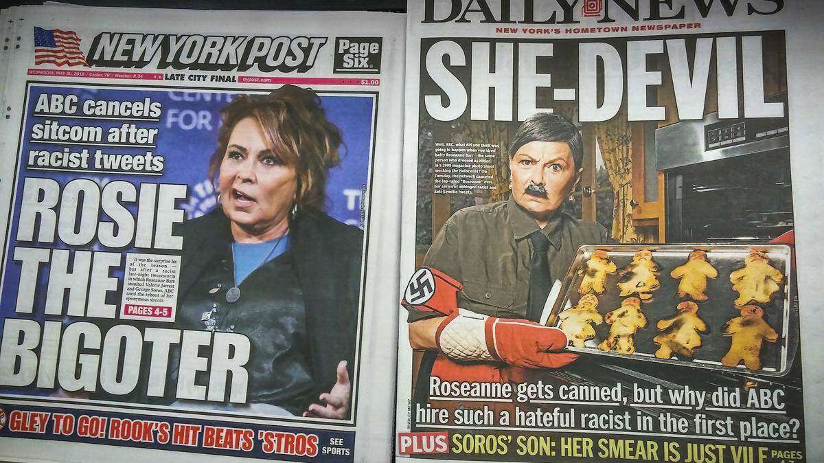 Headlines of New York tabloid newspapers May 30, 2018, report the cancellation "Roseanne."