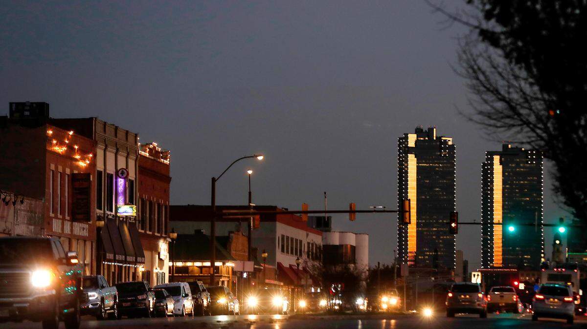 The sun sets on North Main Street in Fort Worth.