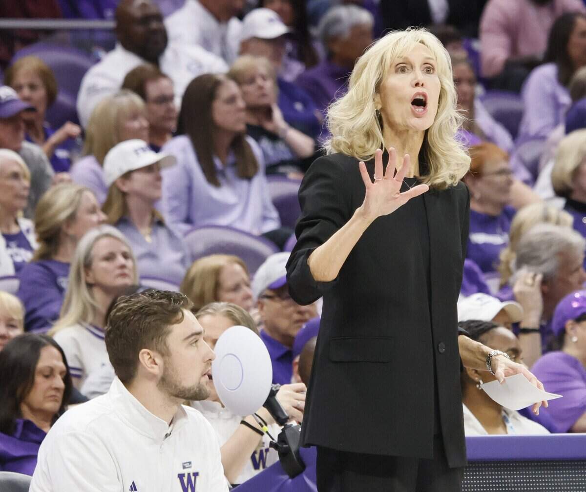 Washington head coach Tina Langley shouts in instructions to her team as they play TCU during the first half of a second round NCAA Division I Women's Basketball Championship game at Schollmeier Arena in Fort Worth, Texas, Sunday, March, 22, 2026.