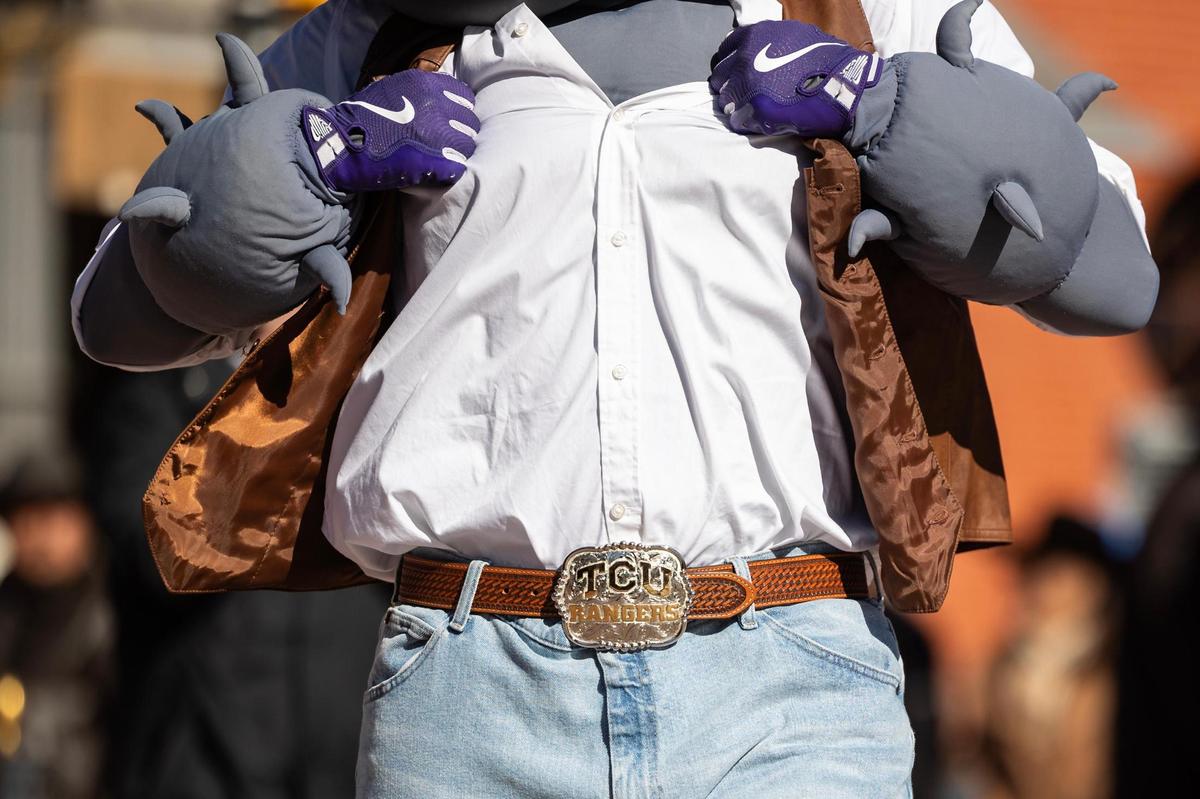 TCU Superfrog wears a gold belt buckle to represent the TCU Rangers in the Fort Worth Stock Show All Western Parade down Main Street in downtown Fort Worth on Saturday, Jan. 18, 2025.