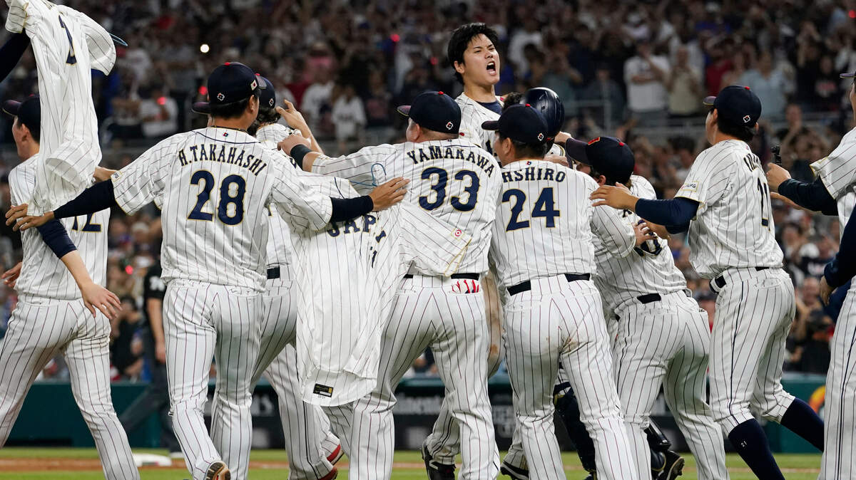 Japan’s Shohei Ohtani (16) struck out the United States’ teammate Mike Trout, his Major League Baseball teammate, for the final out of the World Baseball Classic.