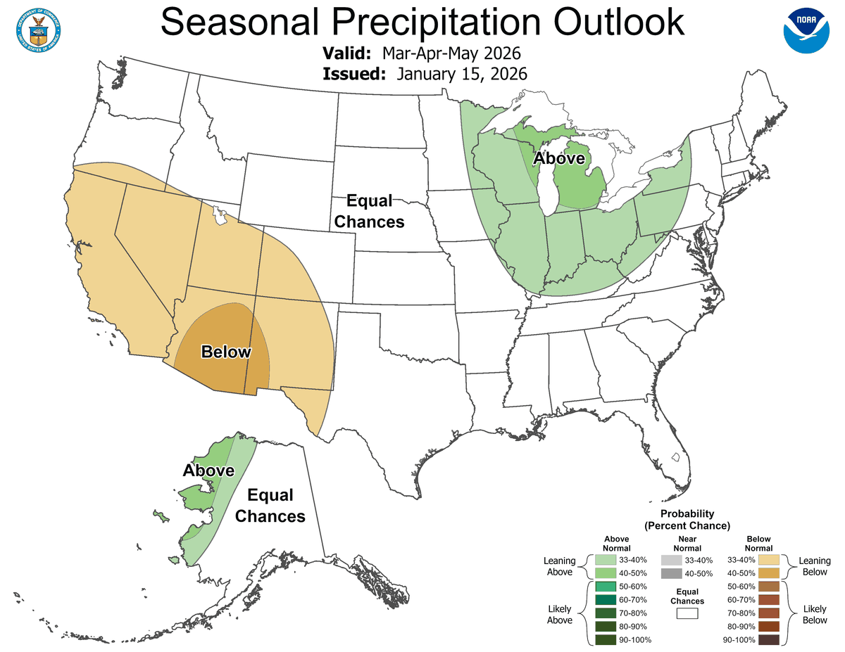 The seasonal precipitation outlook for the U.S. from March to May 2026.