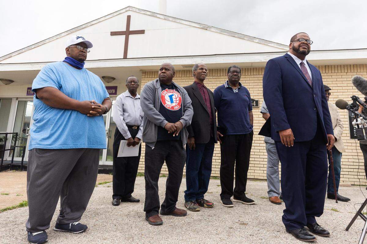 Kyev Tatum with the Ministers of Justice Coalition of Texas talks about the racial slur incident at Paschal High School during a press conference Thursday, April 28, 2022, outside of New Mount Rose Missionary Baptist Church in Fort Worth.