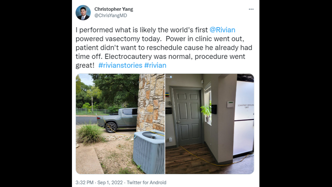 Dr. Christopher Yang says he performed what was likely the first vasectomy powered by a Rivian electric truck.