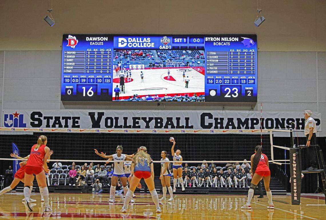 Trophy Club Byron Nelson middle blocker Morgan Gardner (18) serves against Pearland Dawson during the first set of the UIL Class 6A Division I state volleyball championship game Saturday Nov. 22, 2025 at Curtis Culwell Center in Garland, Texas.