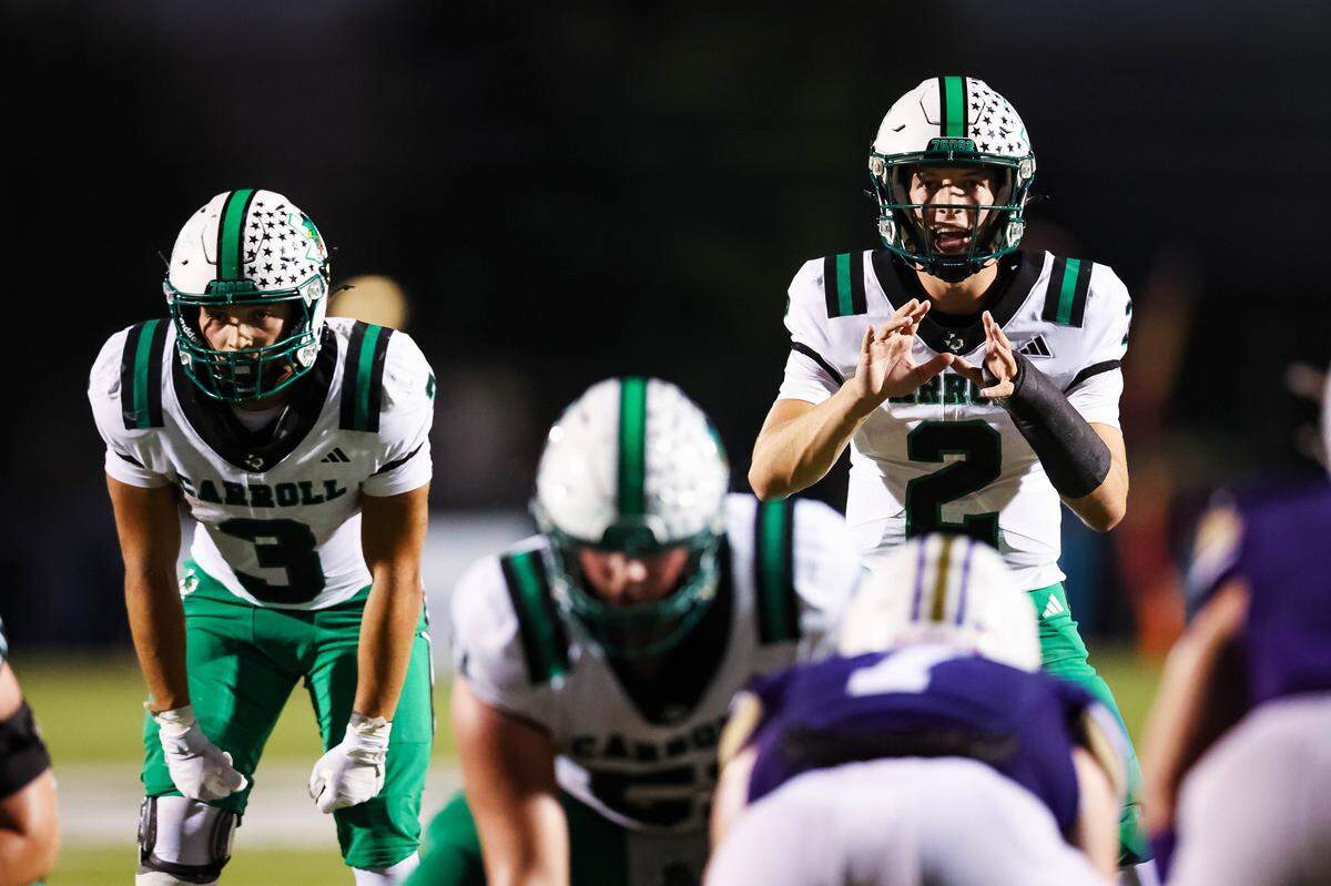 Southlake Carroll quarterback Angelo Renda (2) yells for the football before a snap during a district matchup against Keller Timber Creek on Thursday, Sept. 25, 2025 at Keller ISD Stadium in Keller, Texas.